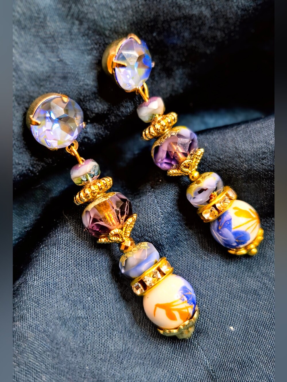 Victorian Delicate & Dainty Blue Lunar Crystal In Glass In Gold Plated Earrings